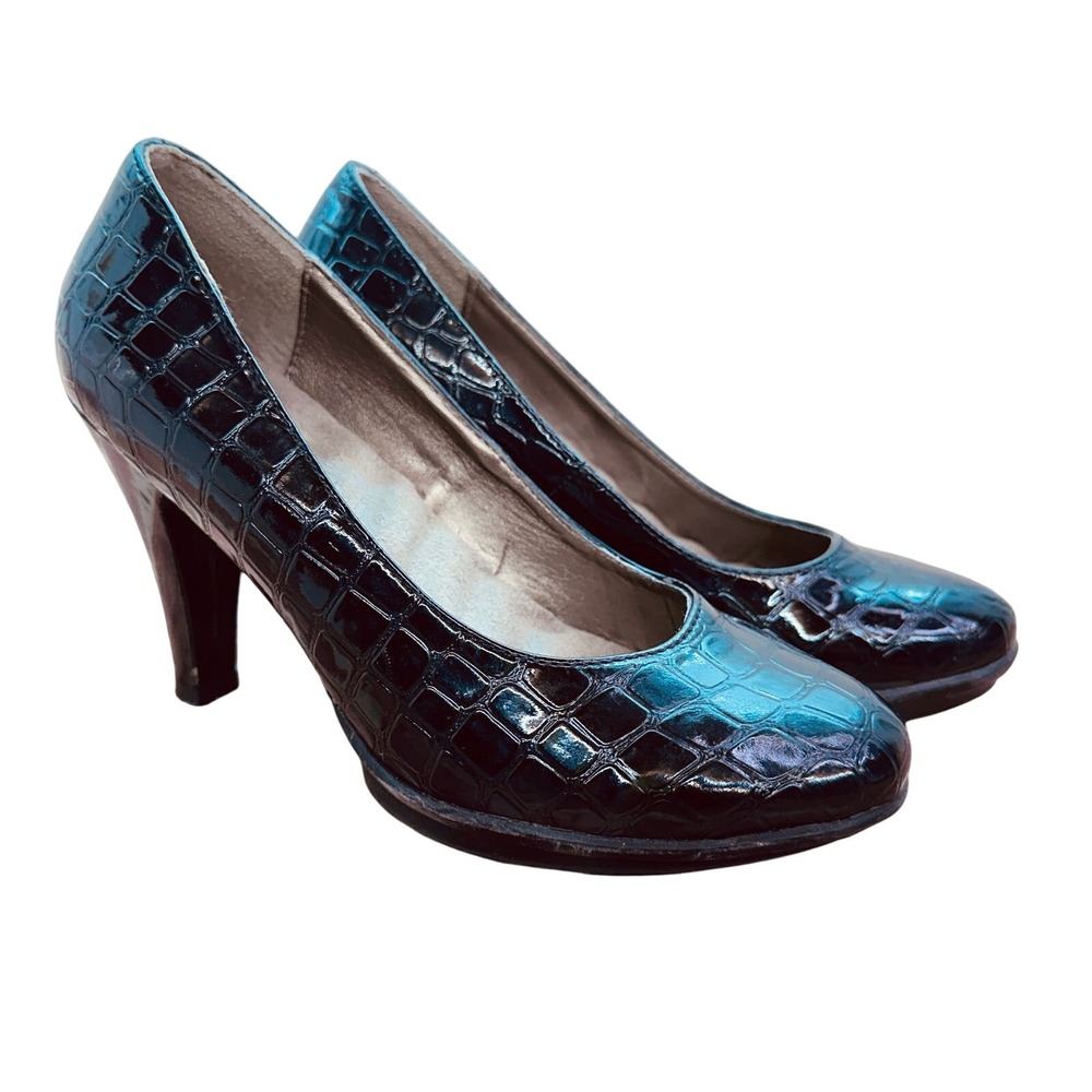 Black Faux Croc Skin 3.5" High Heel Womens Size 7‎ Slight Platform Classic Pumps